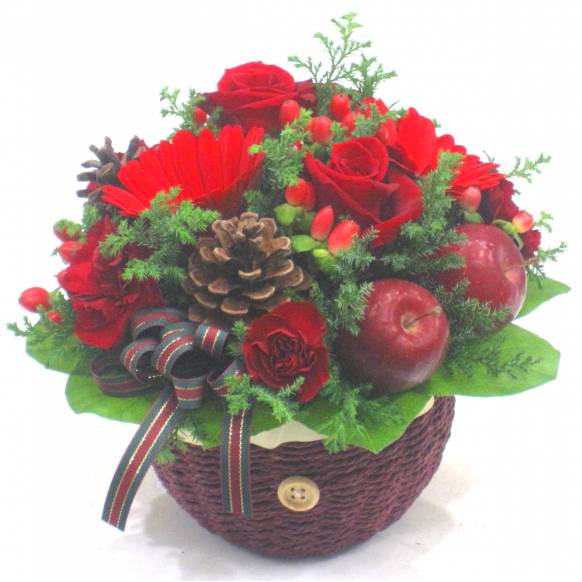 Flower arrangement》Basket with Buttons Red｜インターネット花