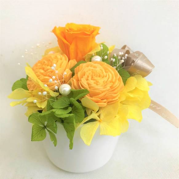 オレンジバラのプリザーブドフラワー白陶器 クリアケース付き(お祝い)プリザーブドフラワー特集(宅配)